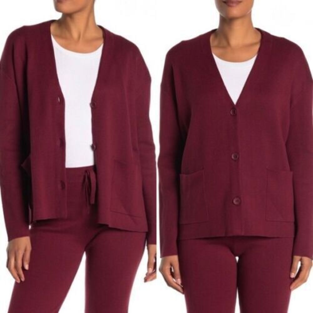 Michael Stars Women's V-Neck Dolman Button Cardigan Pinot Wine $300